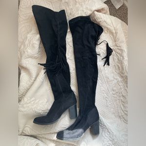 Knee high black suede heeled boots